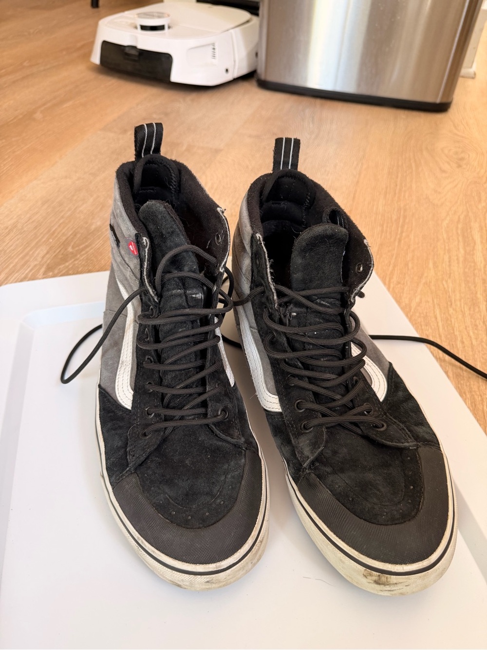 Vans Black and Gray High-Top Skate Sneakers with Side Stripe